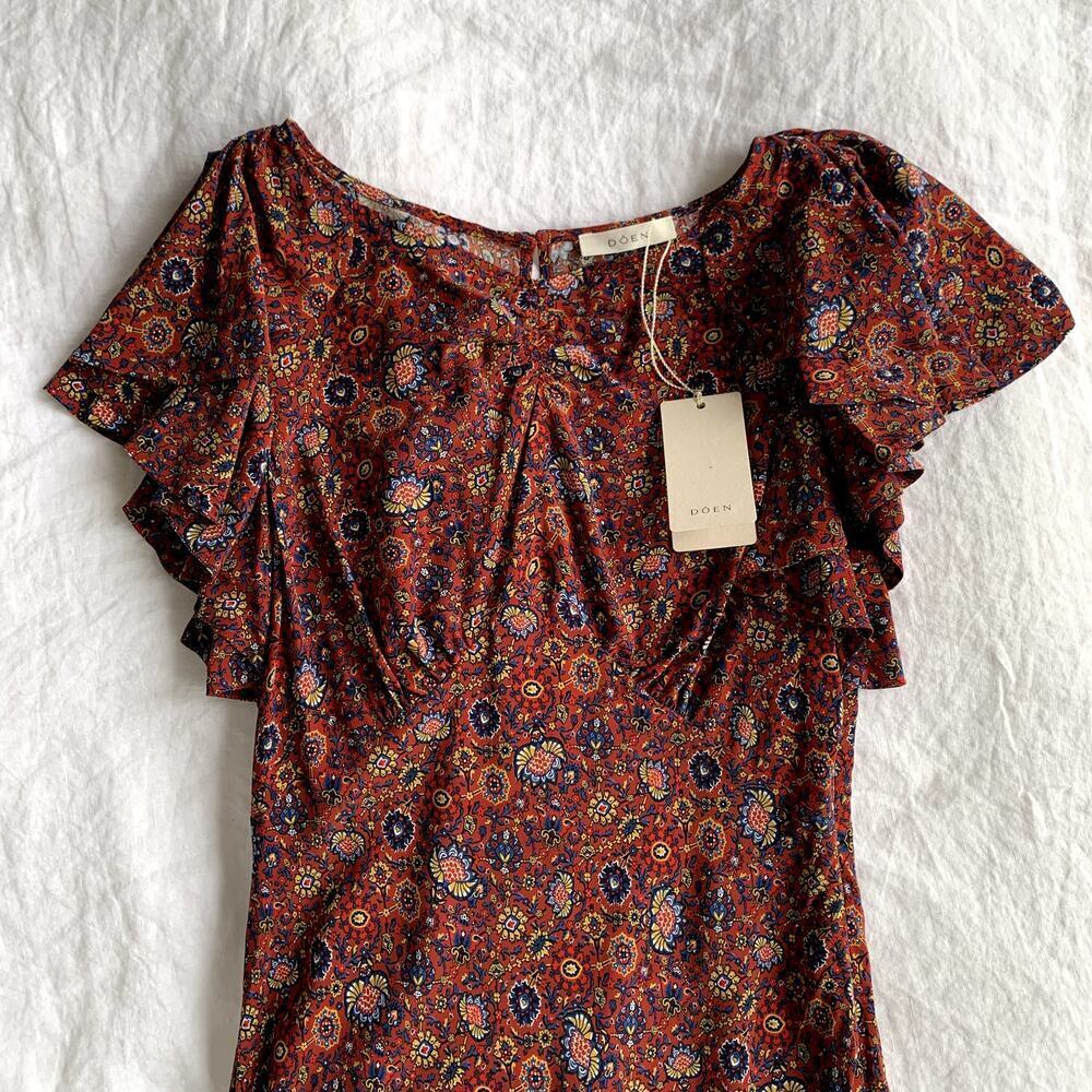 NWT Doen Beatriz Silk Ruffle Short Sleeve Maxi Dress Rouge Adaline Medallion - Picture 11 of 16